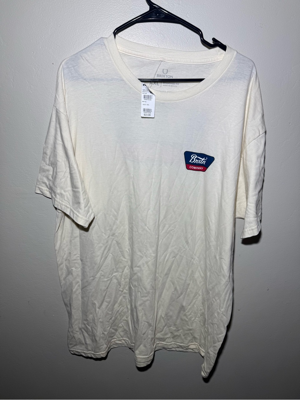Brixton Cream Short Sleeve Tee with Navy & Red Logo Patch
